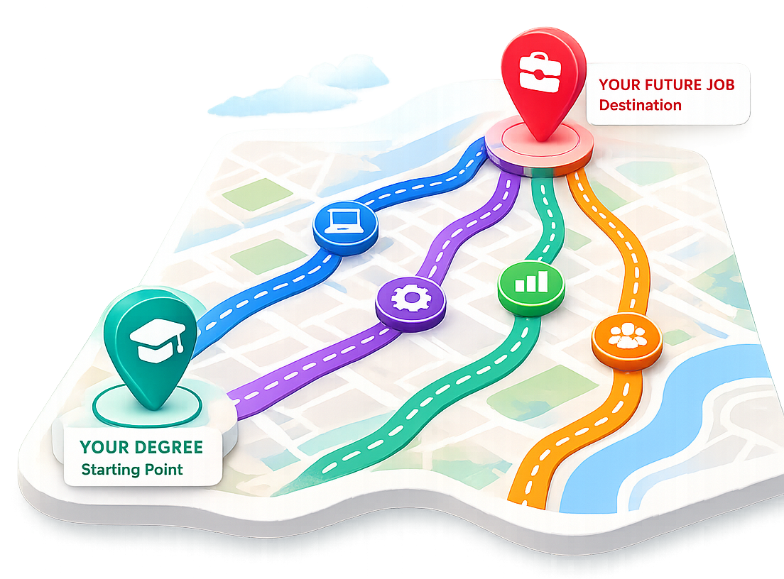 IT career discovery roadmap showing multiple learning paths from degree to future career