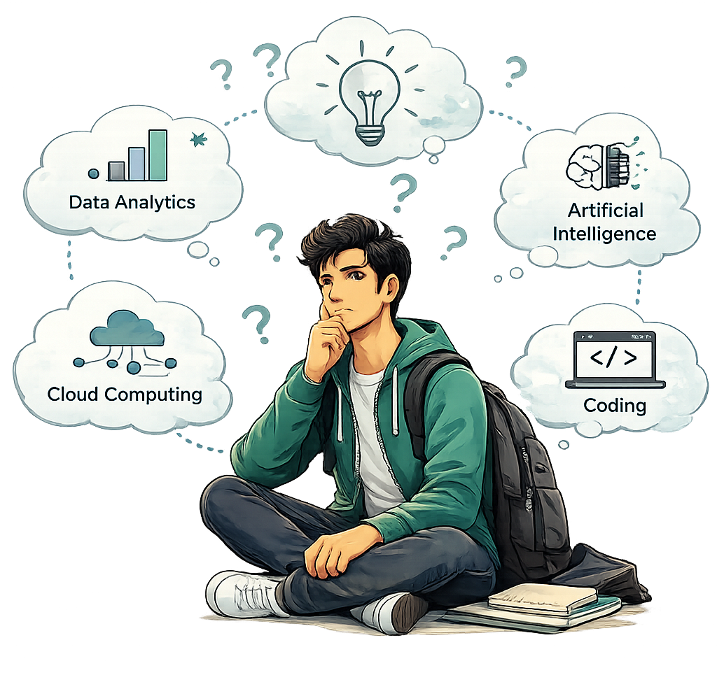 Student confused about IT career options like data science, cyber security, cloud computing and software development