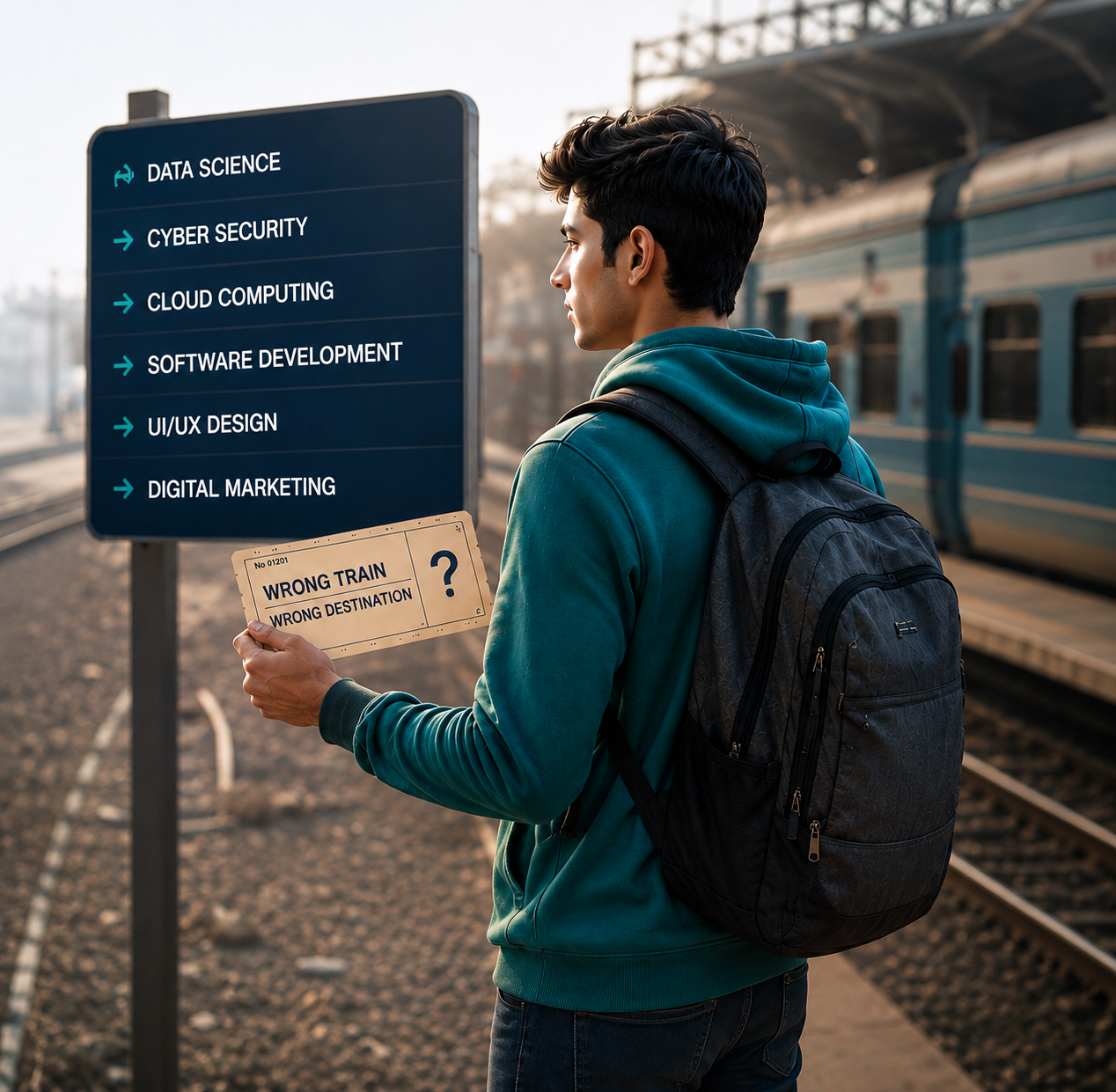 Student at train station confused about choosing the right career path
