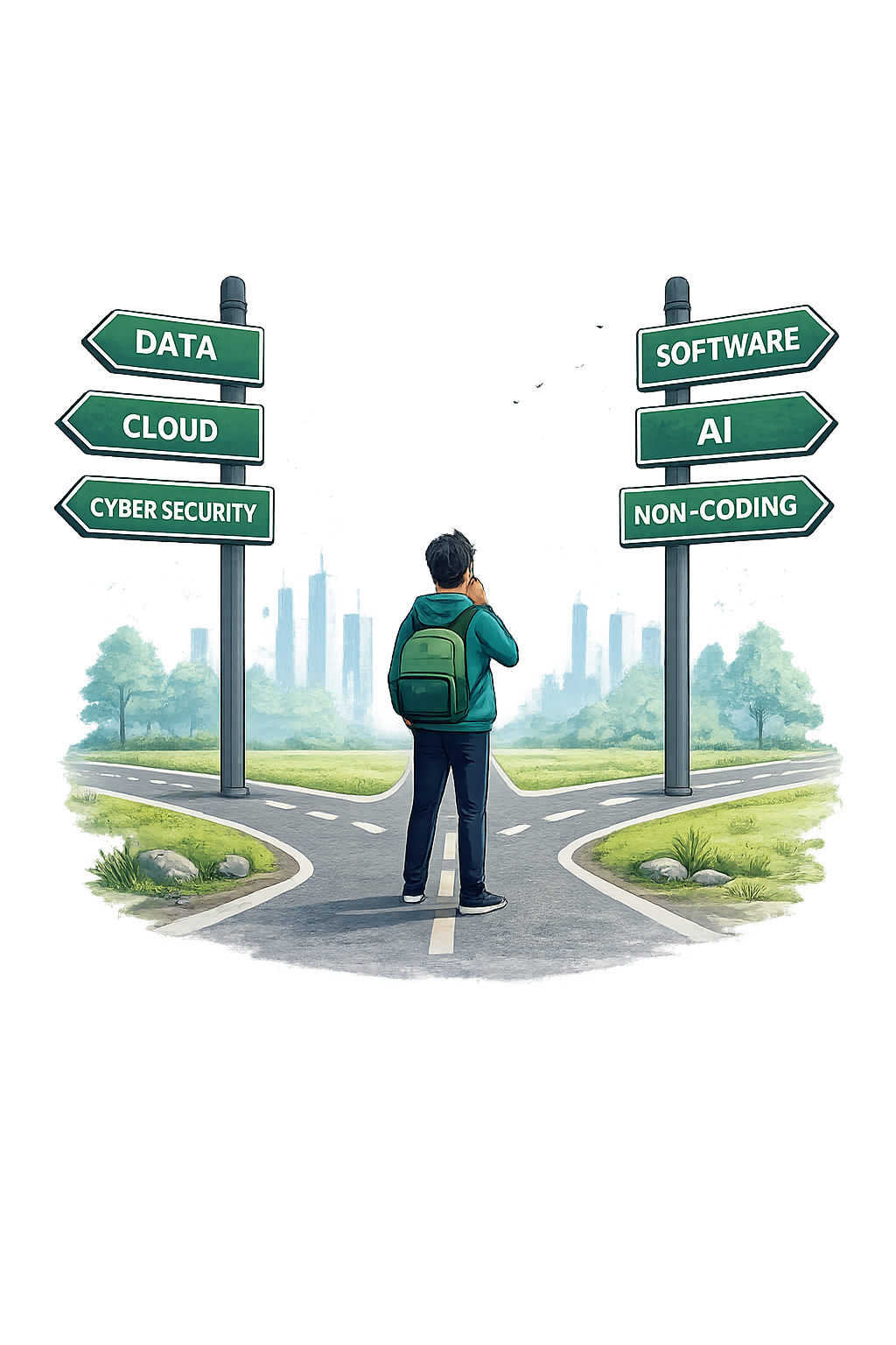 Student choosing between Data, Cloud, Cyber Security, Software, AI and Non-Coding career roadmaps