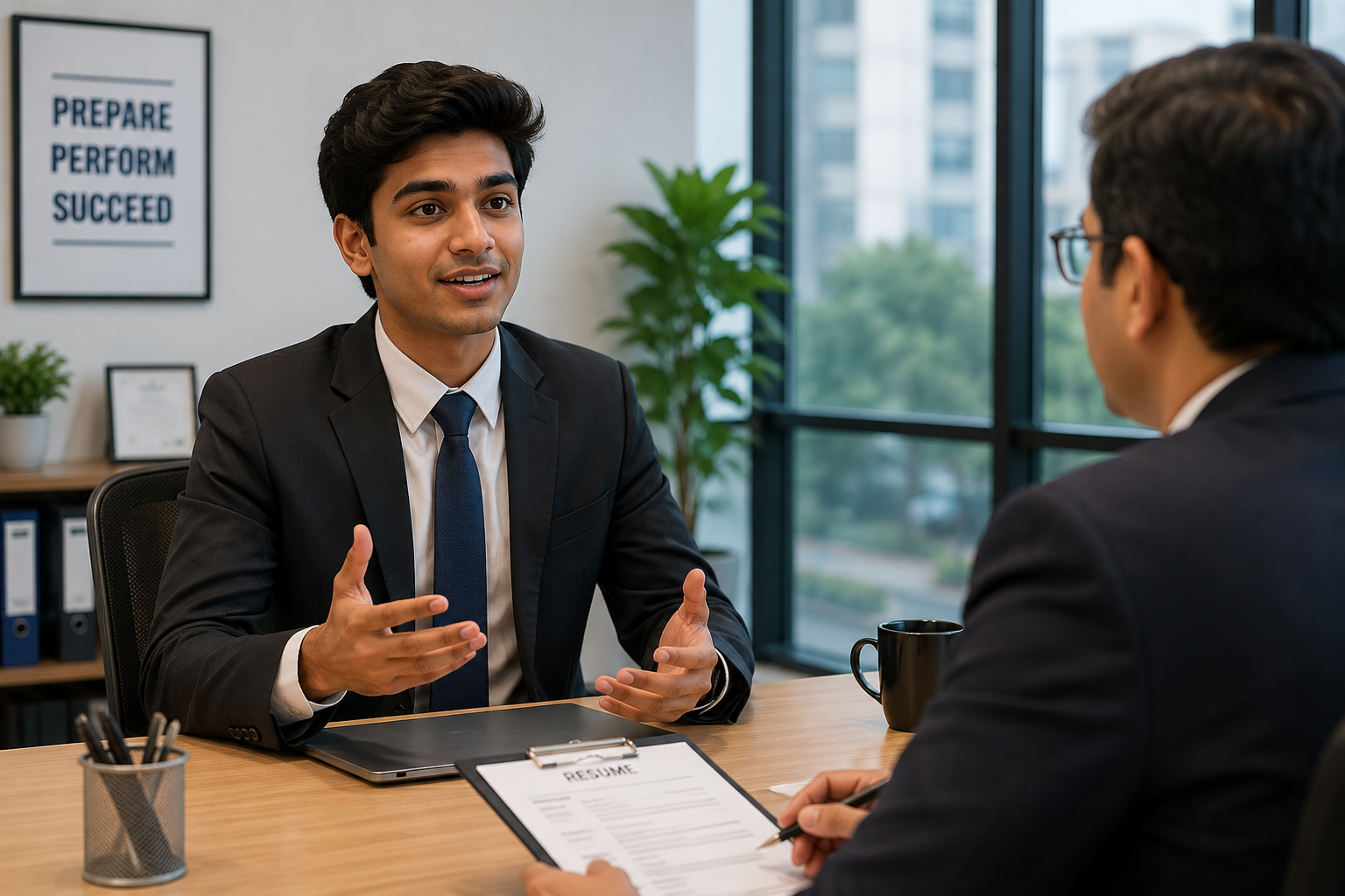 Student explaining background during an interview