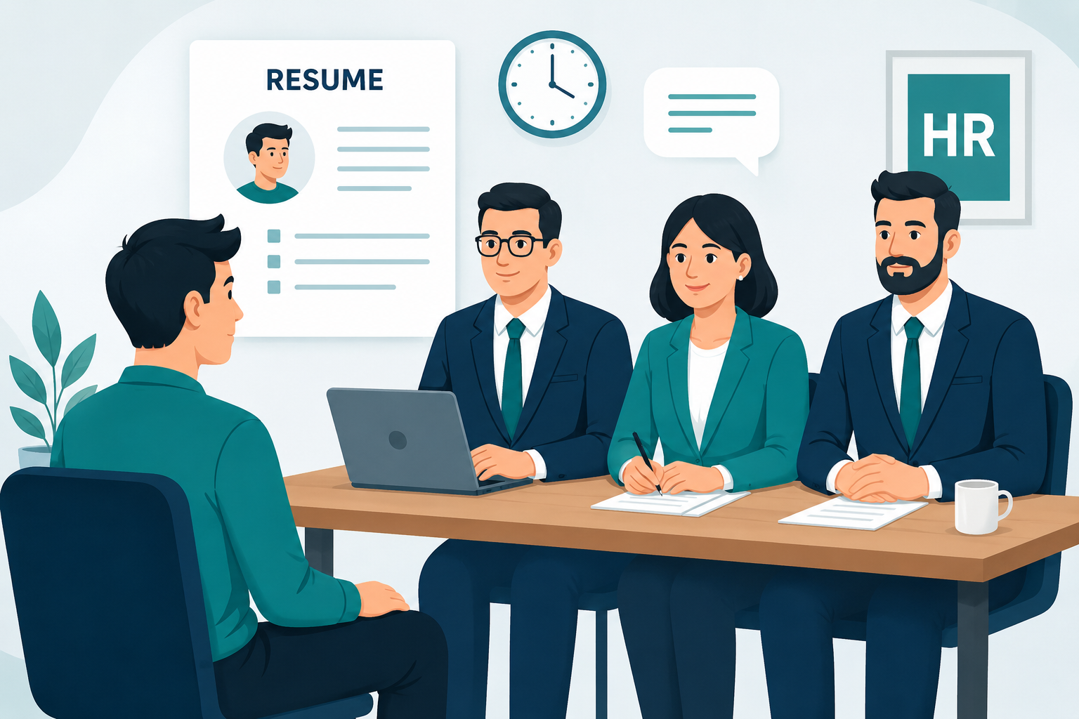 Student sitting in an interview with HR professionals reviewing a resume