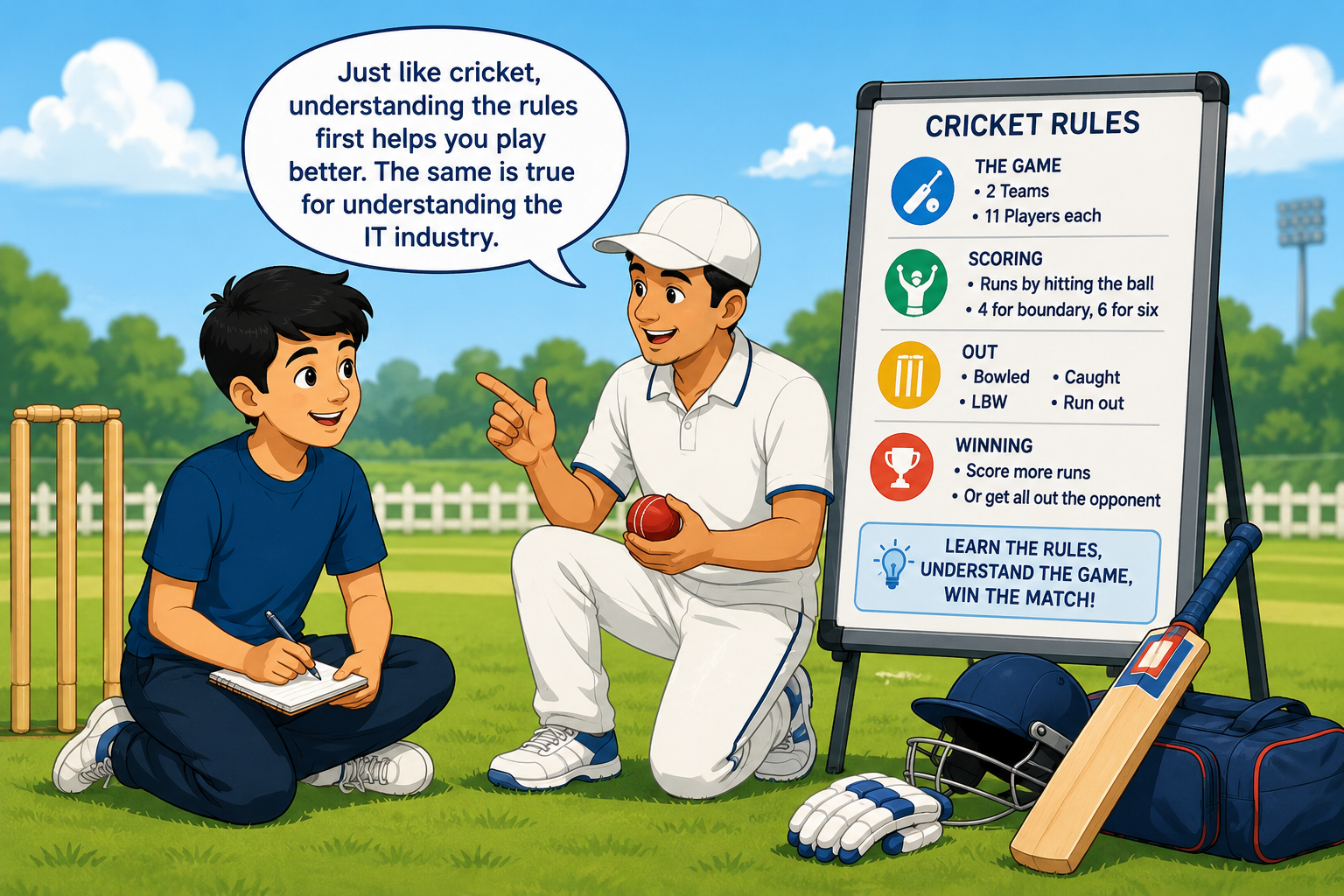 Student learning cricket rules as an analogy for understanding the IT industry