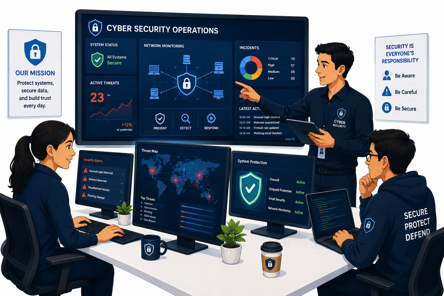 Cyber security team protecting systems and information