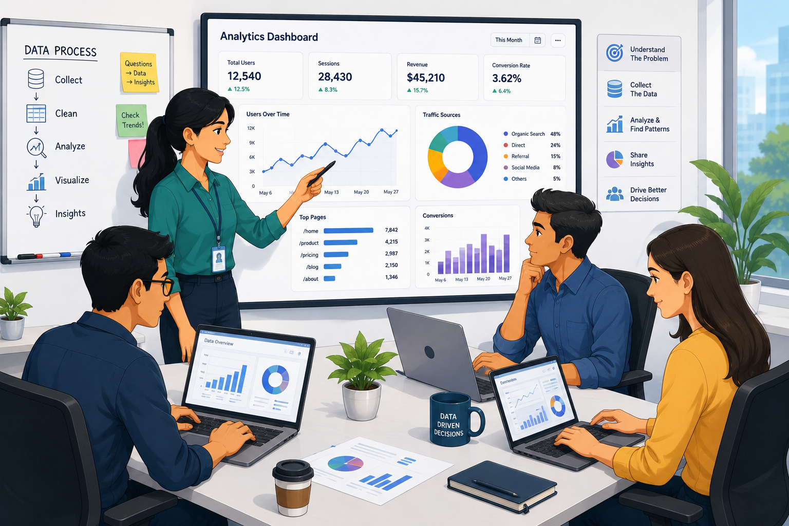 Data team working with information and dashboards