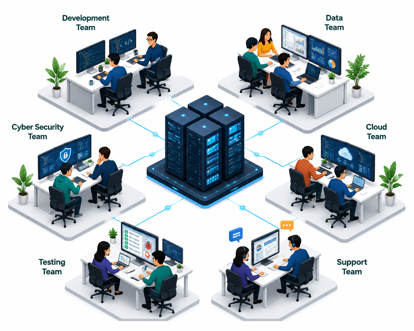 Different teams inside an IT company working together