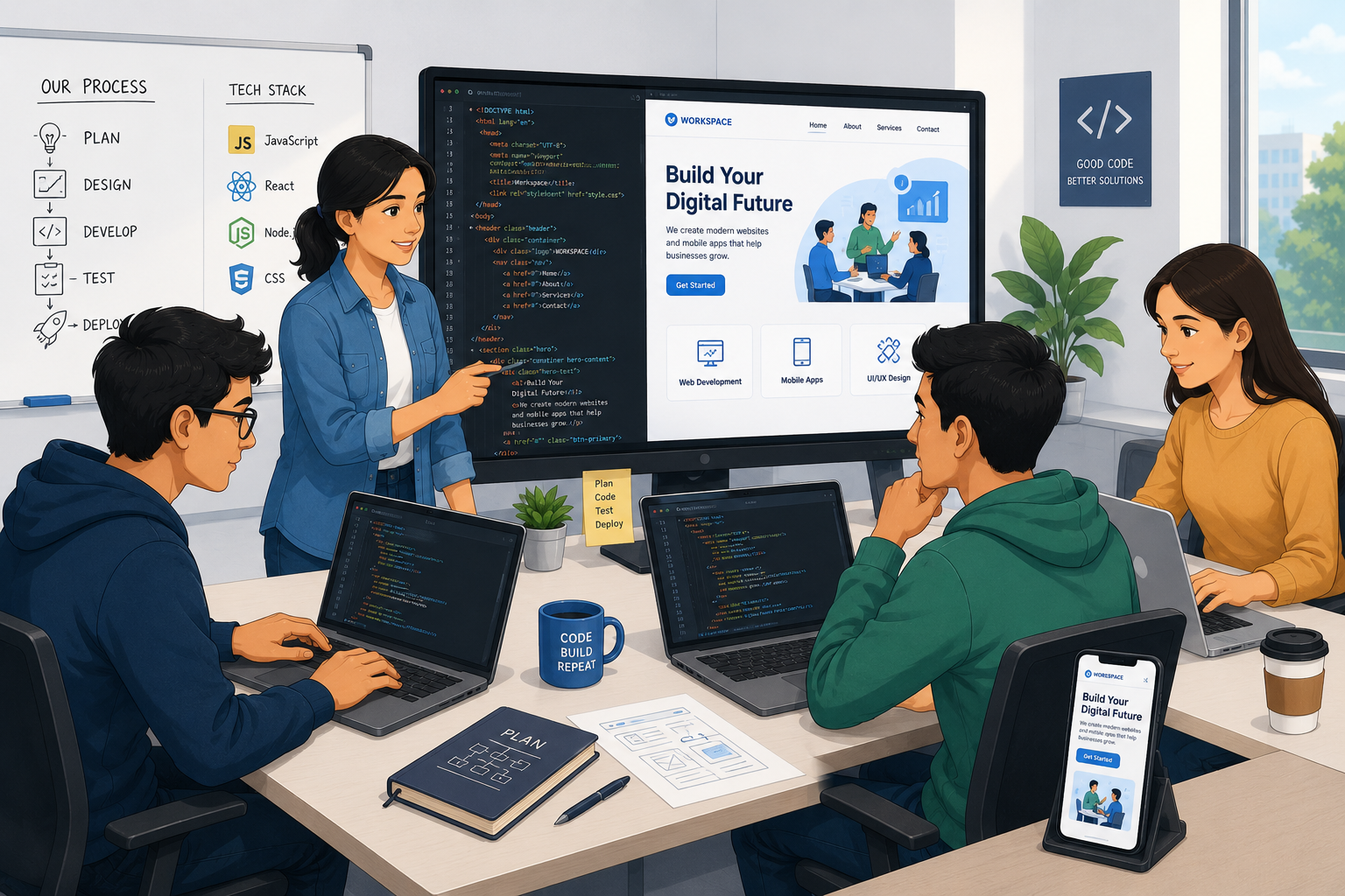 Software development team working on websites mobile apps and software products