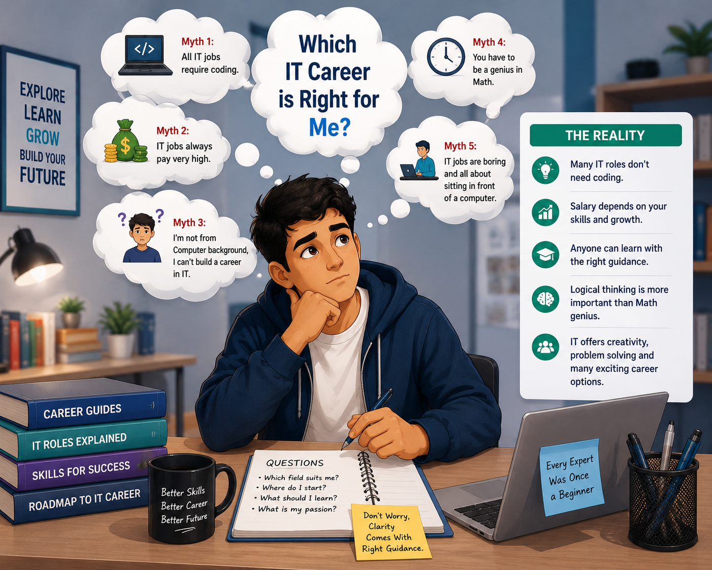 Student thinking about common IT career misunderstandings