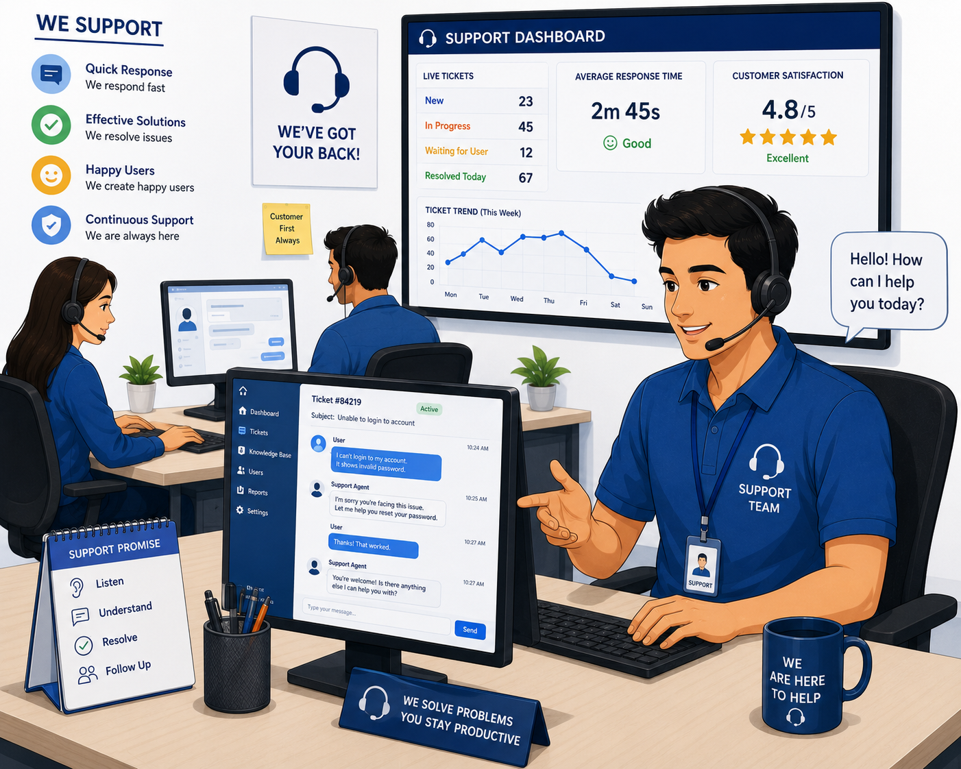 Support team helping users when technical problems occur
