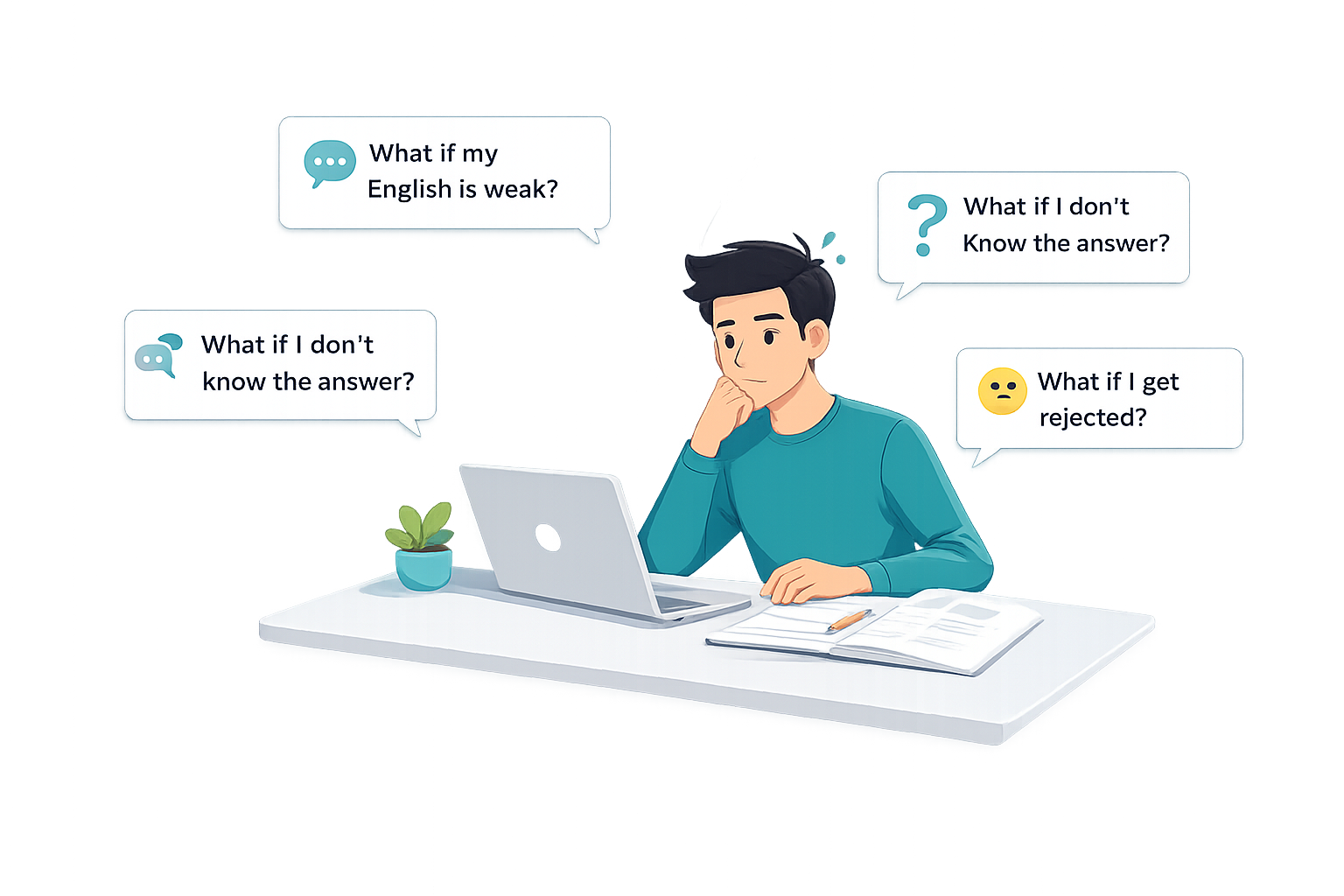 Student preparing for first interview with laptop