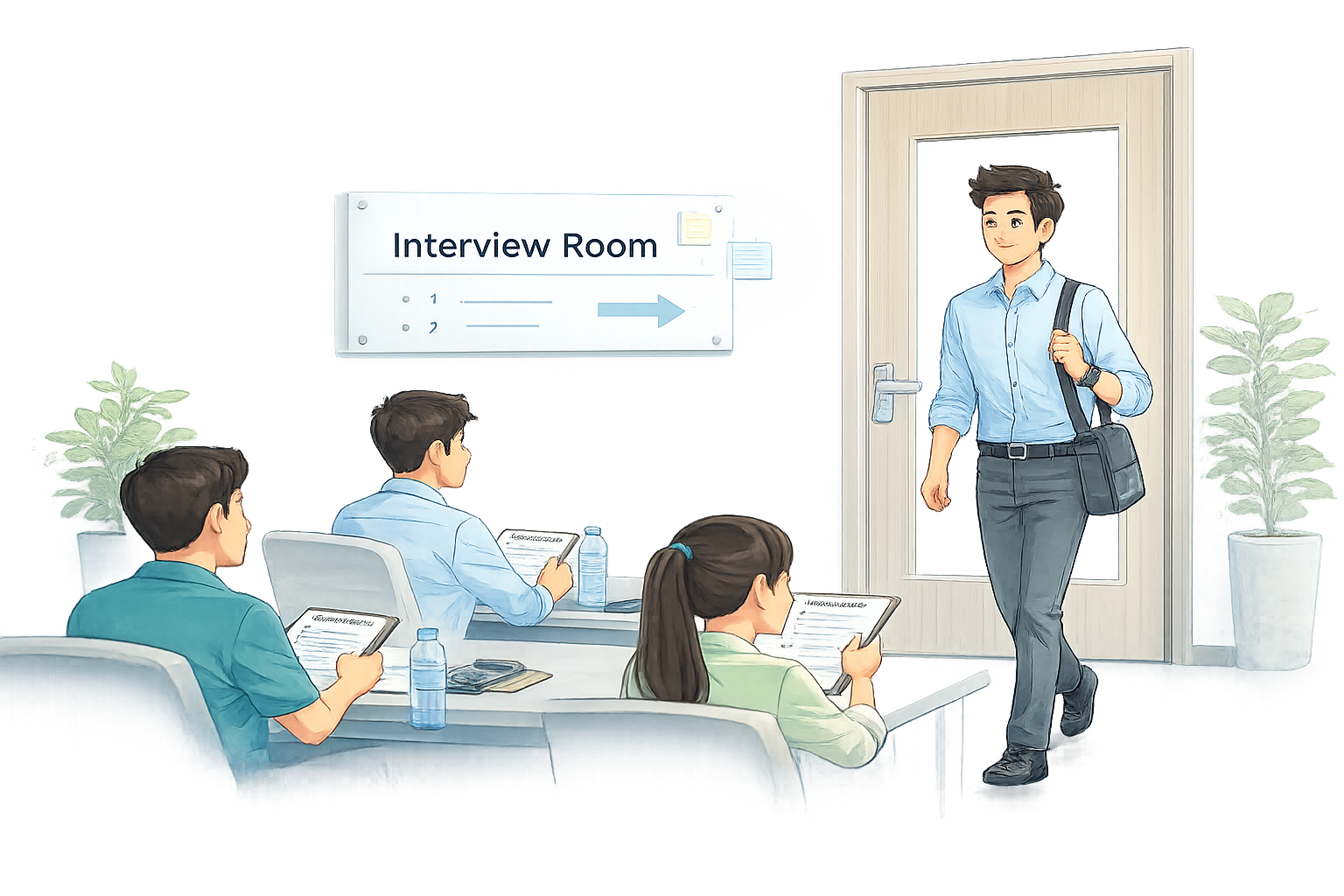 Confident student walking toward interview room