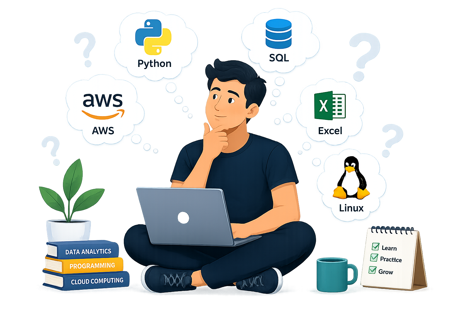 Student thinking about skills like Python, SQL, AWS, Excel and Linux
