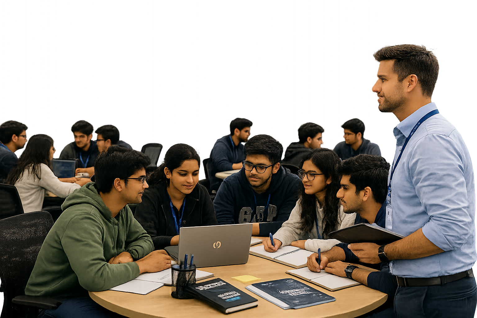 Mentor observing students during a career guidance session